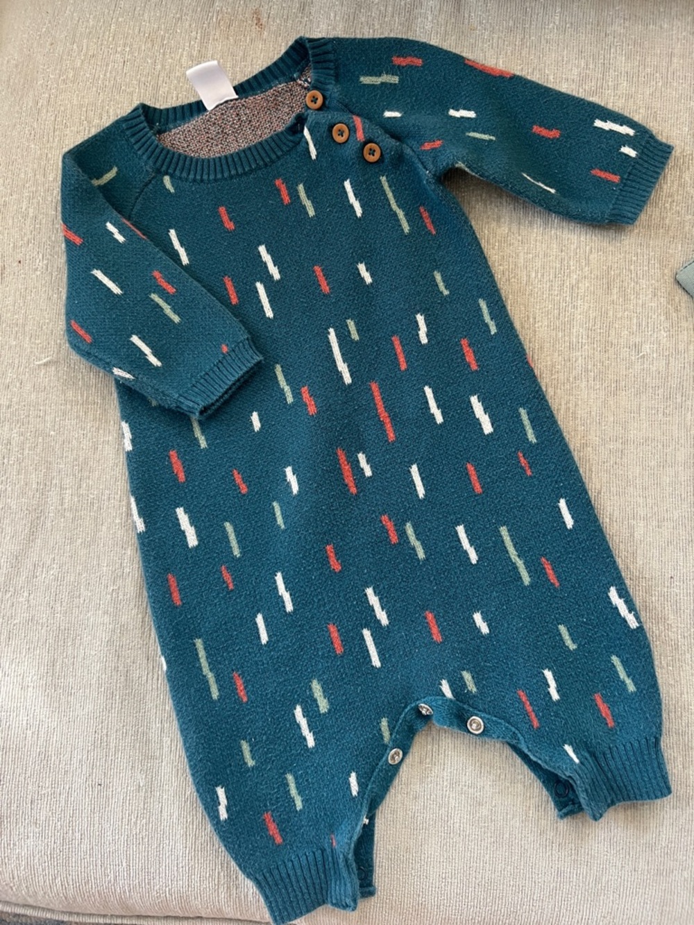 Nordstrom Teal Knit One-Piece Romper with Red, Cream, and Sage Accents